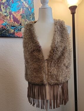 EARTHBOUND Faux Fur Teddy Vest with Fringe in Light Brown